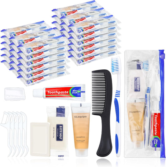 Pack of 100 Hygiene Kit, Hygiene Kit Bulk, Individually Packed, Travel Hygiene Kit with Toothbrush, Toothpaste, Comb, Shampoo, Soap and Floss Picks, Home, Suitable for Hotel, Camping, Travel