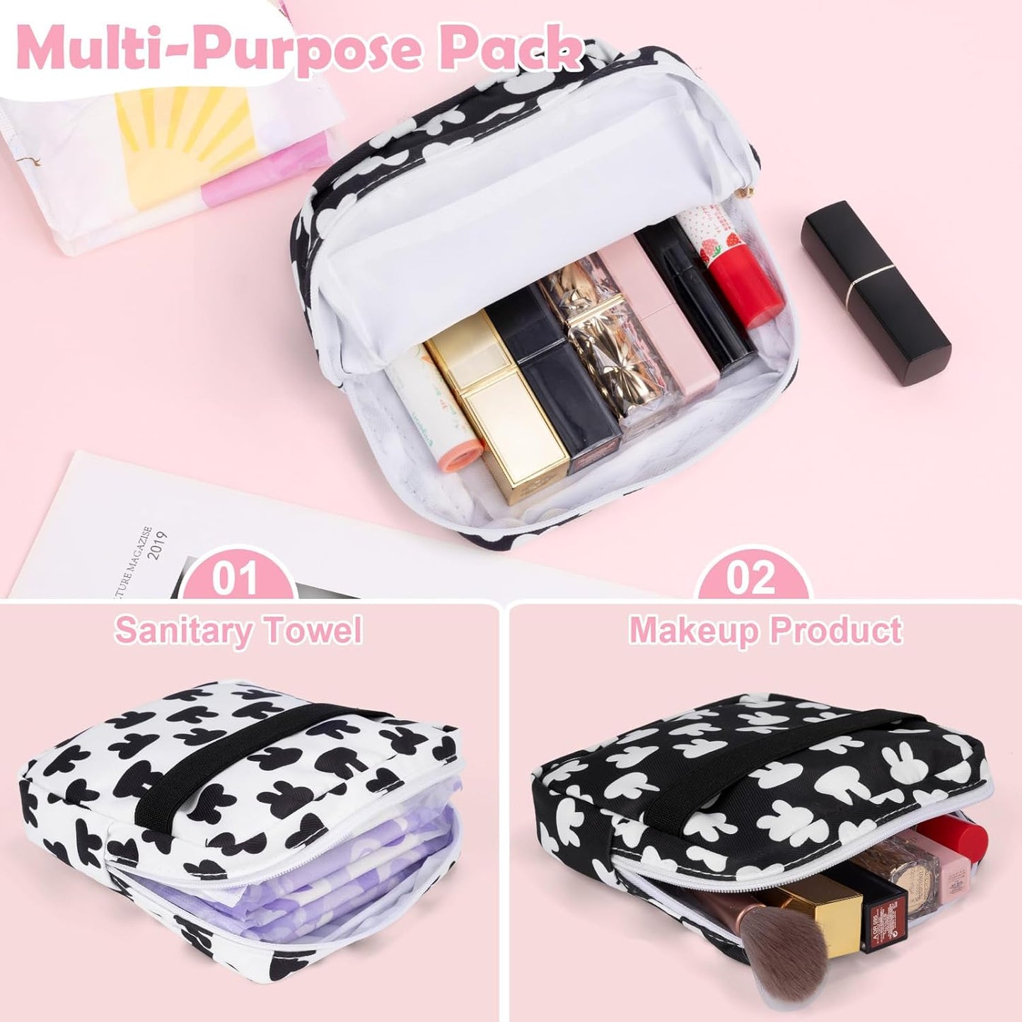 Desing Wish Period Bag Pouch Soft Cloth Sanitary Napkin Storage Bag Portable Menstrual Pad Pouches Tampon Holder for Purse First Period Kit for Girls 9-12 (White Rabbit)