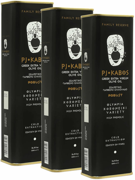 P.J. KABOS 2024/25 Harvest, Very High Phenolic (750+mg/kg), Natural Greek Extra Virgin Olive Oil, Kosher, Greece, Cold Extracted, 16.9 oz Tin, "Family Reserve - Robust" (3-PACK)