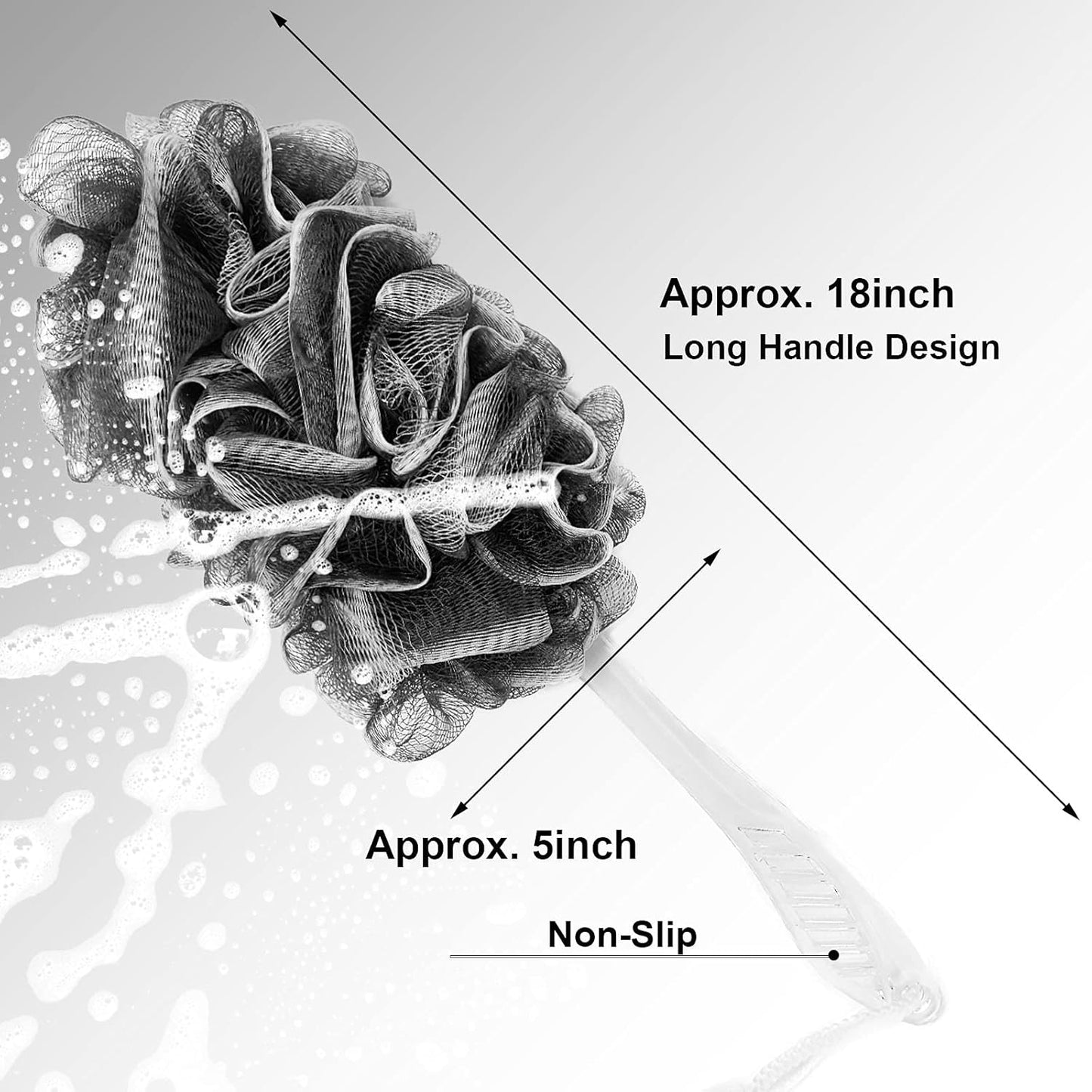 Black Charcoal Loofah for Mens - Back Loofah Scrubber with Handle - Long Handle Bath Brush - 2 Pack