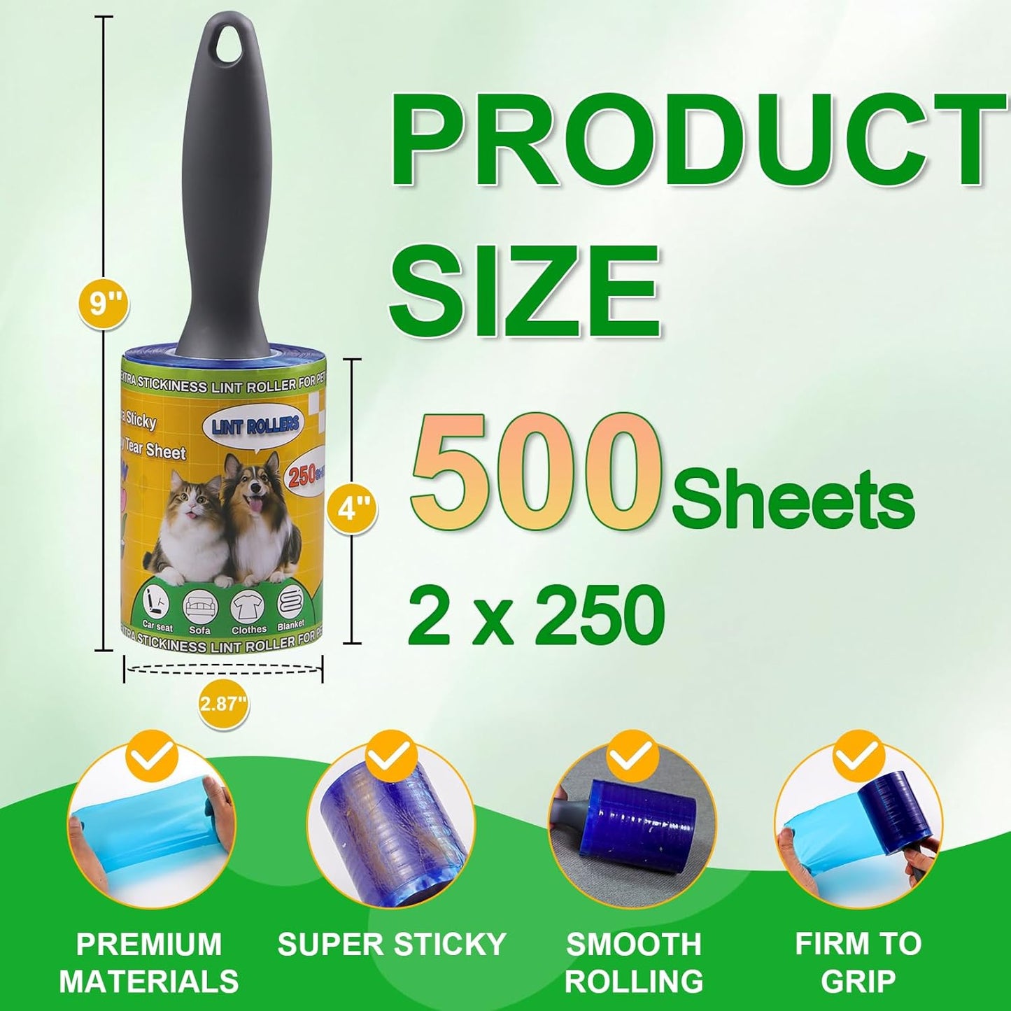 Lint Roller for Pet Hair 500 Sheets Extra Sticky Pet Hair Remover for Clothes Furniture Carpet Cleaner Cars Dogs Travel-Friendly Grip Handle Blue