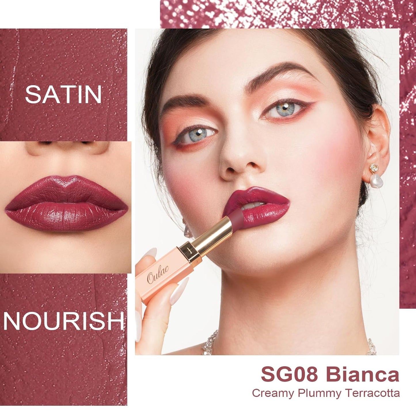 Oulac Plum Lipsticks for Women, Burgundy Matte Lipstick, Full Coverage Lip Color, Satin Matte Finish, Cream Texture, Hydrating, Infused with Hyaluronic Acid, Vegan & Clean Beauty 4g SG08 Bianca