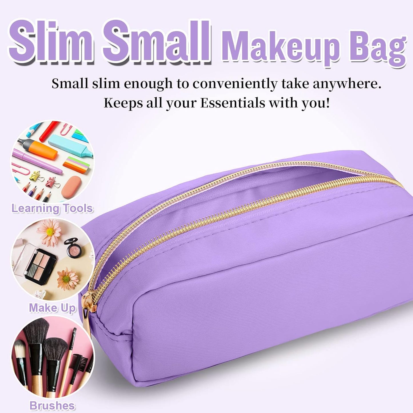izuzta Nylon Small Makeup Bag Slim Pouch, Preppy Cute Makeup Brush Case Bag Cosmetic Zipper Pouch for Purse, Waterproof Travel Toiletry Bag Clutch Coin Pouch Makeup Organizer for Women Girls(Purple)