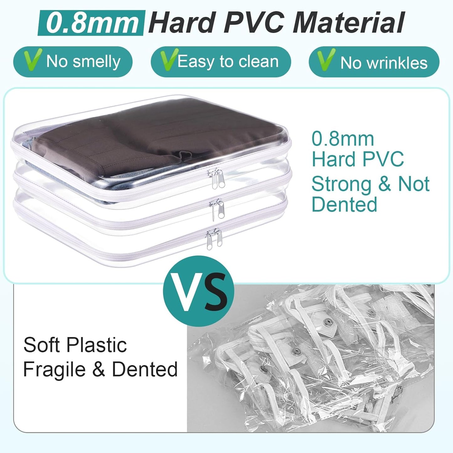 Hoolerry 3 Pcs Clear Hard Zipper Case Plastic Pouch Transparent Hard Case Clear Makeup Bag Portable Travel Organizer Bin for Cosmetics, Building Blocks, Puzzles(White,L)