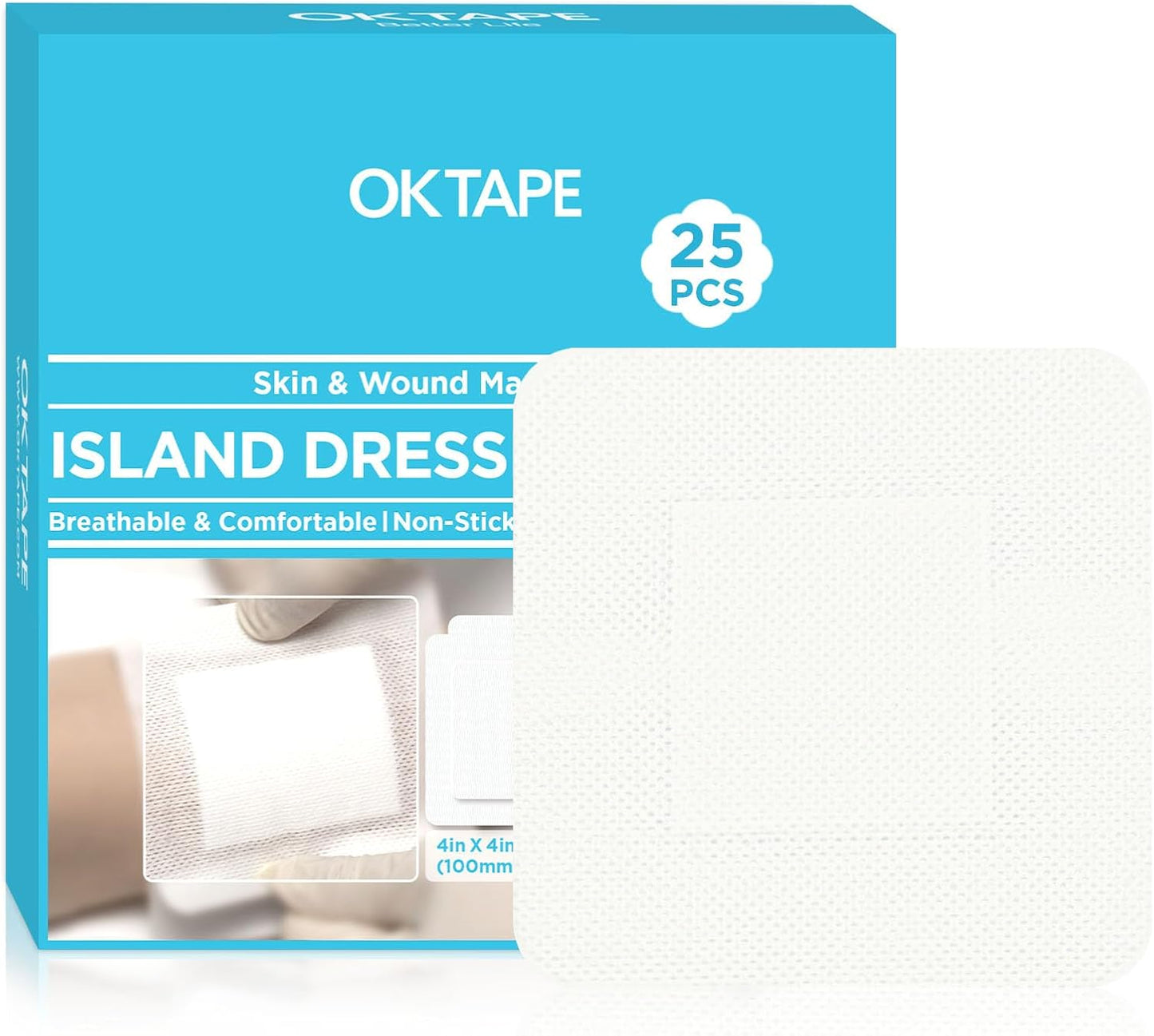 OK TAPE Bordered Gauze Island Dressing 4"x4",25 Count Wrapped Gauze Pads,Non-Woven Sterile Wound Dressing with Highly Absorbent Pad,Soft and Breathable Bandages for Wounds, First Aid