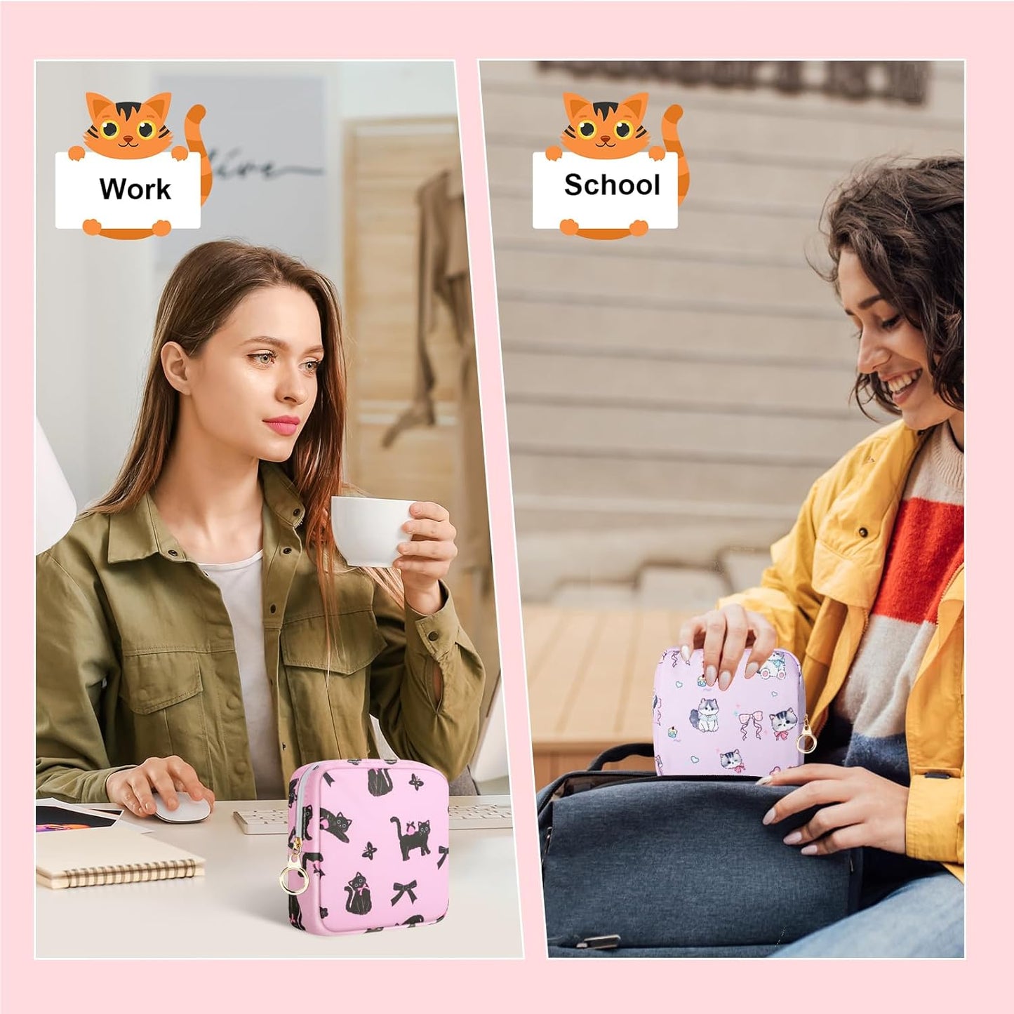 Tampon Holder for Purse, Canvas Period Bag Sanitary Napkin Storage Bag for Girls Womens, Portable Feminine Emergency Pad Period Pouch(Teacup White Cat)