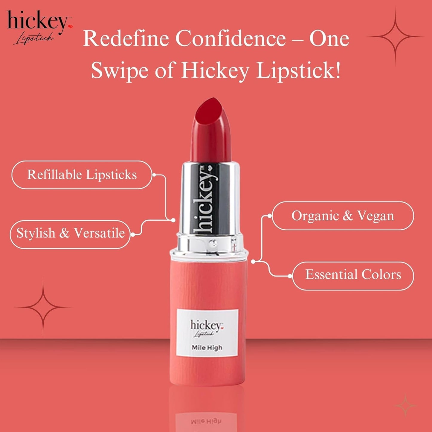 Hickey Lipstick Mile High Organic Perfect Red Lipstick Refill - Long Lasting Lipstick for Women - Hydrating & Moisturizing Shade, Best Lip Color for Women, Gluten-Free & Vegan with Highly Pigmented