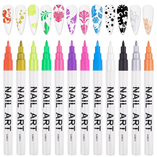 12 Color 3D Nail Art Pens Set, Kalolary Nail Point Graffiti Dotting Pen Drawing Painting Liner Brush for DIY Nail Art Beauty Adorn Manicure Tools