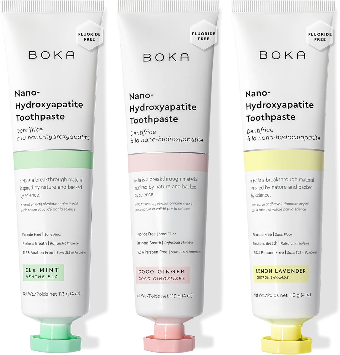 Boka Fluoride Free Toothpaste, Nano Hydroxyapatite Toothpaste, Appropriate for Sensitive Teeth - for Adult, Kids Oral Care - Ela Mint, Coco Ginger, Lemon Lavender Flavor, 4 Fl Oz 3Pk US Manufactured