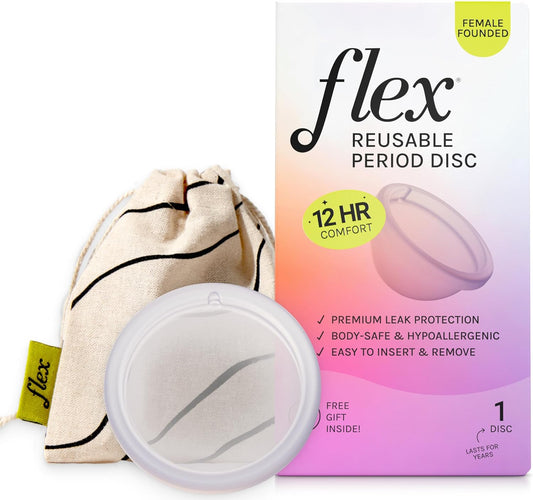 Flex Reusable Disc | Reusable Menstrual Disc | Tampon, Pad, and Cup Alternative | Capacity of 6 Super Tampons | Lasts for Years | Includes Carrying Pouch & 2 Free Disposable Discs