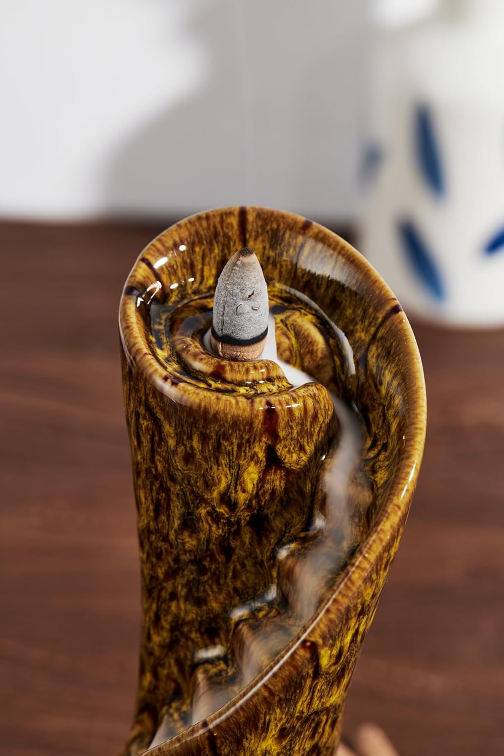 Unique Cloud Stairs Ceramic Waterfall Incense Holder, Paired with a Pack of Backflow Incense Cones. (Fambe Yellow)