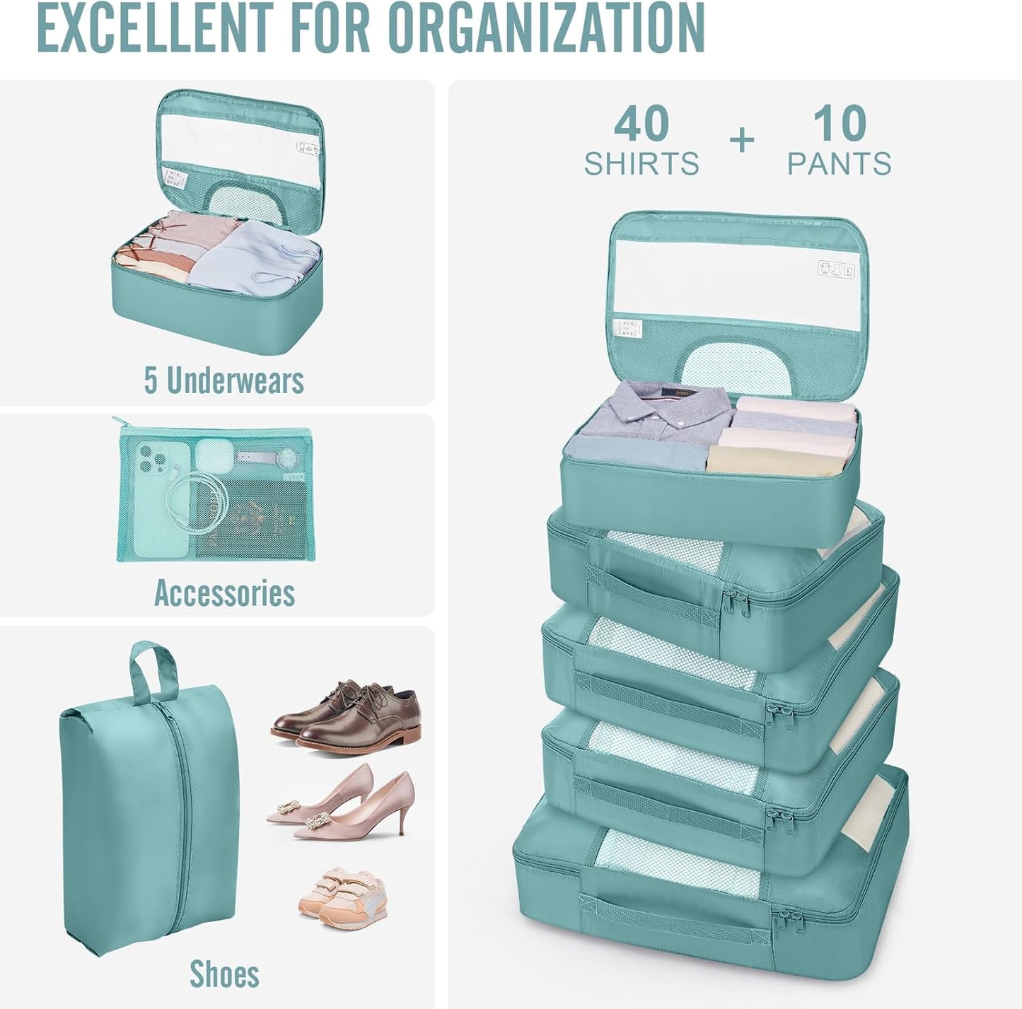 Veken 10 Set Packing Cubes for Travel Essential, Suitcase Organizer Bags in 4 Sizes, Carry-On Luggage Accessories with Large Laundry & Hanging Toiletry Bag, Must-Have for Airplane, Road Trip & Camping