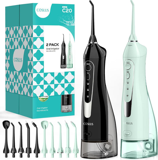 COSLUS 2 Pack Cordless Water Flosser with Elegant Packaging for Teeth, Braces, Gums Care - Easy to Use, Rechargeable, Waterproof, Portable for Travel, BPA-Free, Black & Green, C20(F5020E)