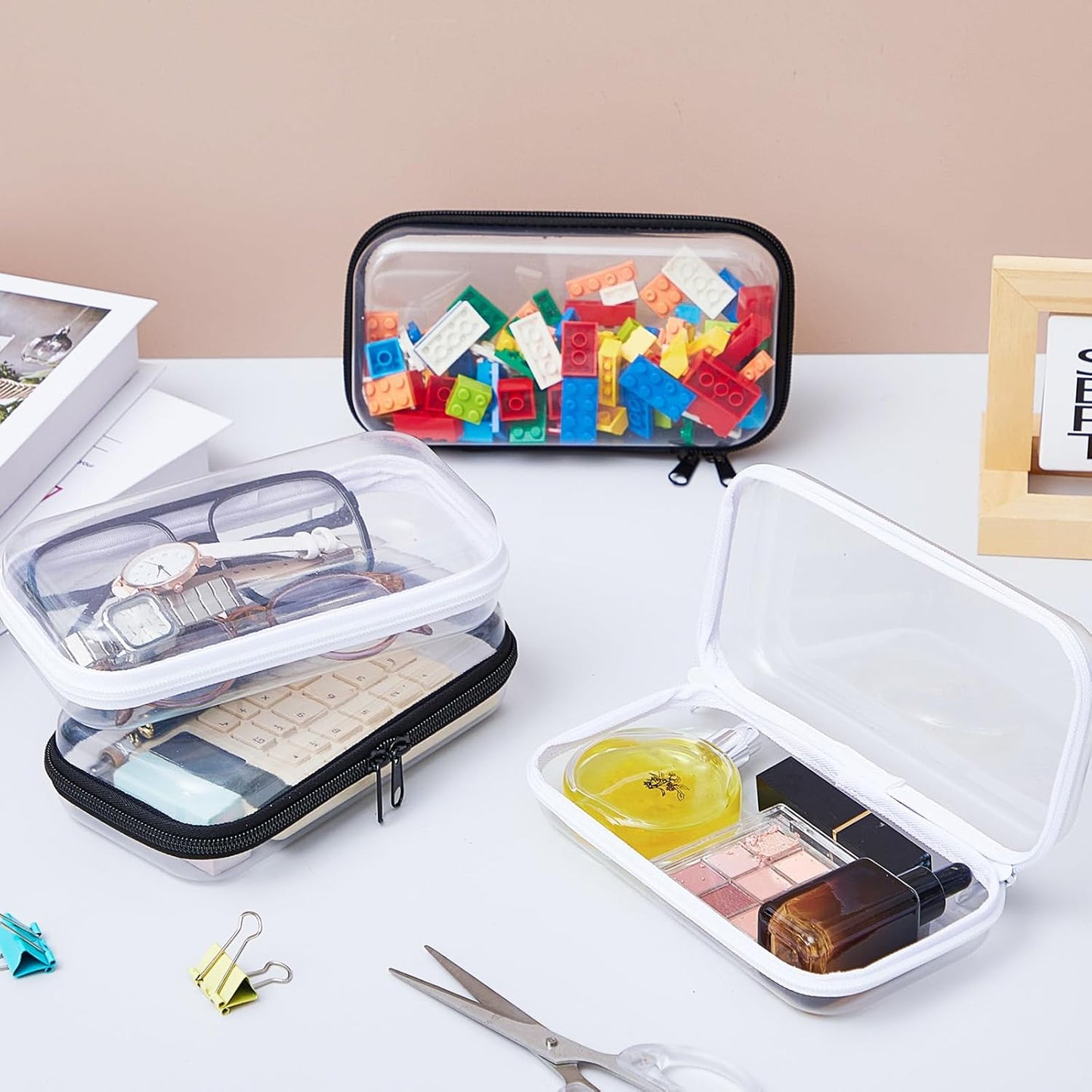 Hoolerry 4 Pcs Hard Clear Zipper Case Makeup Bags Plastic Pencil Pouch Transparent Storage Box Containers for Cosmetics, Snacks, Building Blocks, Puzzles(Black and White,7.5 x 3.9 x 2 in)