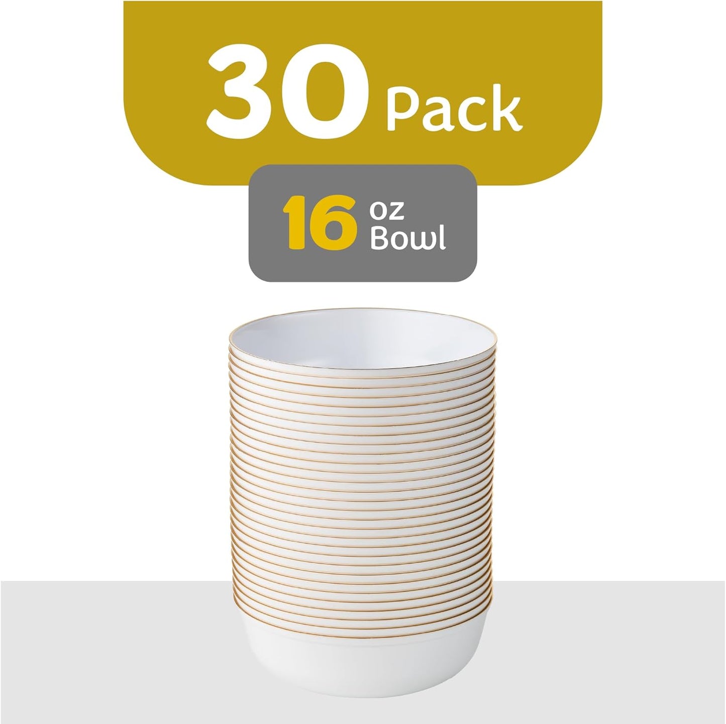 [30 Pack 16 OZ Bowls] Edge Collection White with Gold Rim Plastic Party Soup Bowls Premium heavyweight Elegant Disposable Tableware Dishes