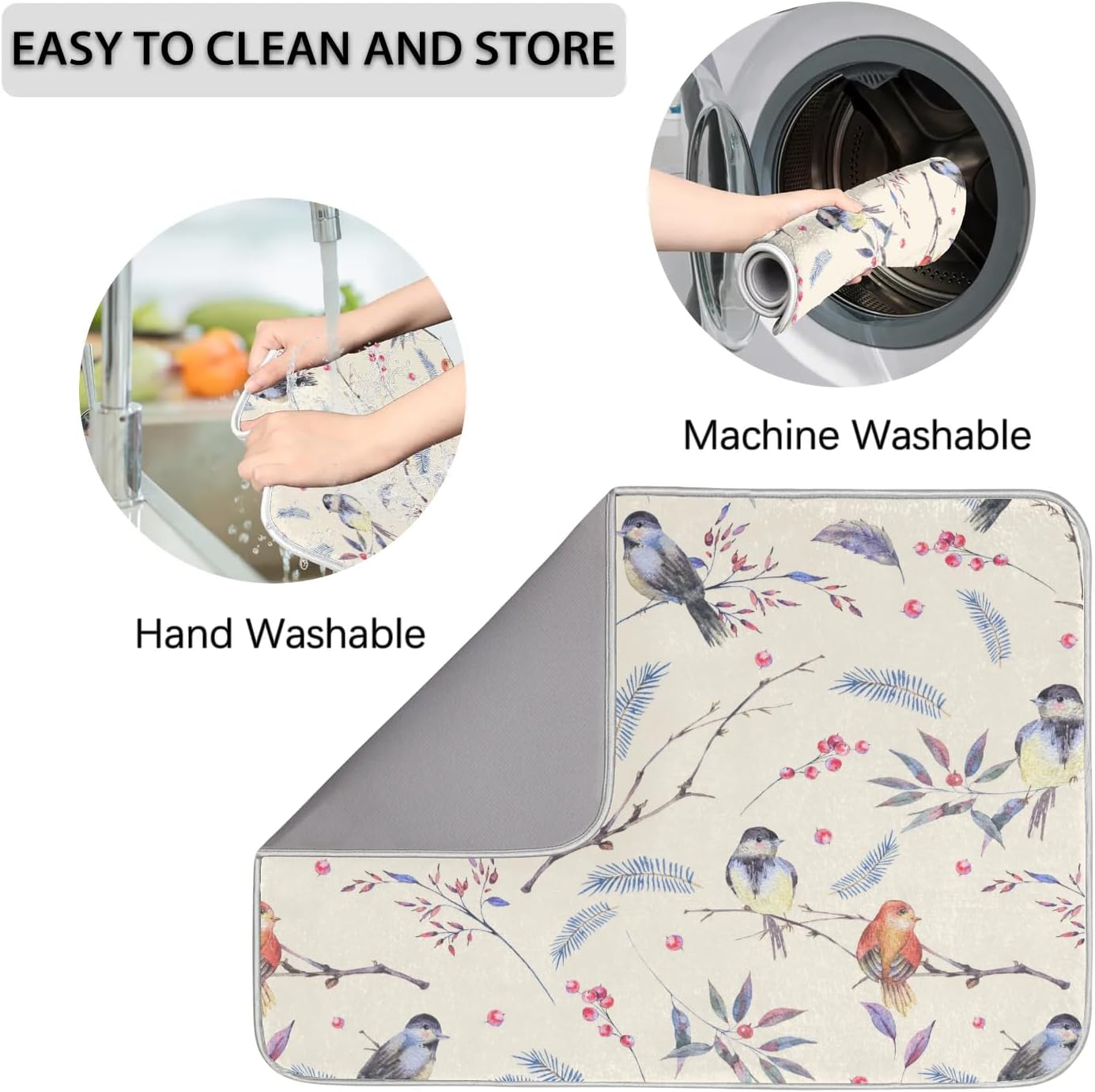 Hexteria Vintage Birds Dish Drying Mat Microfiber Kitchen Drying Mat Dish Drying Mats for Kitchen Counter Absorbent Quick Drying Pad 16x18 Inch