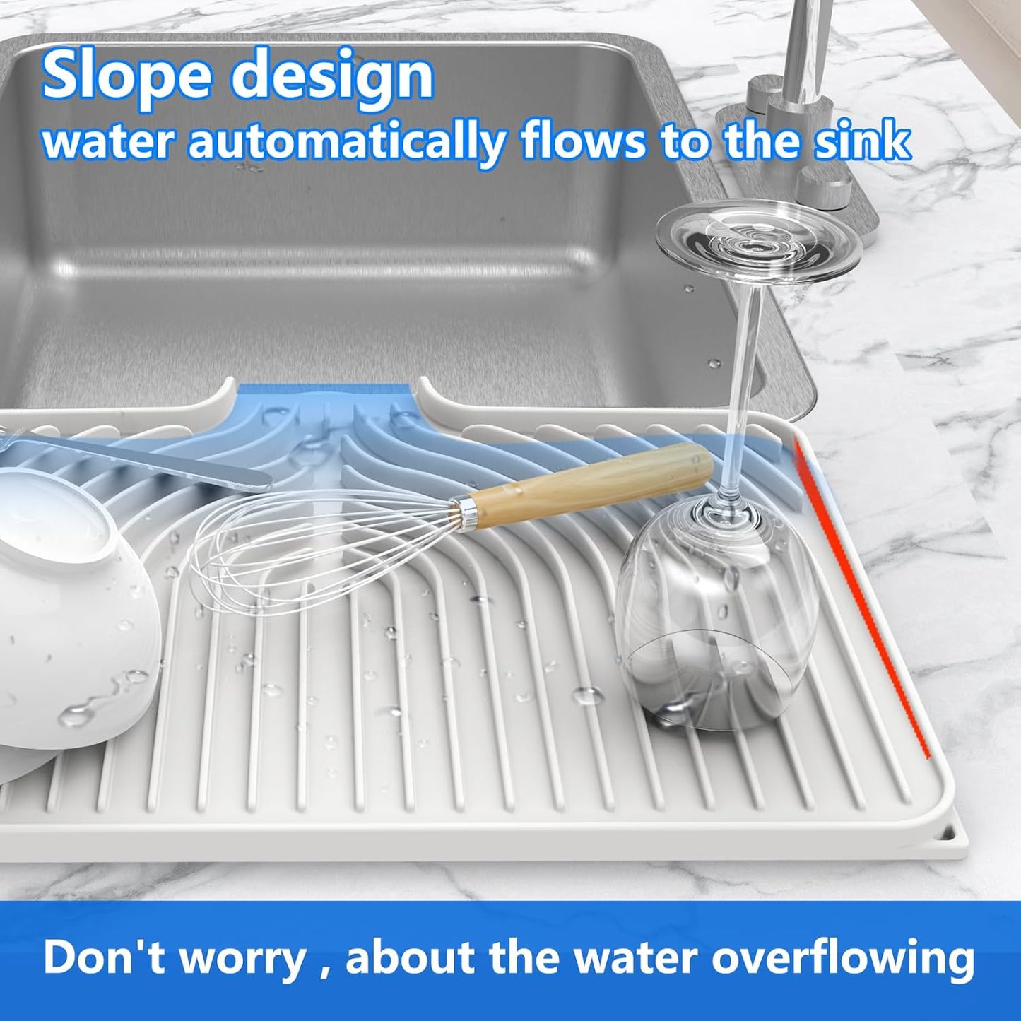 Dish Drying Matt for Kitchen Counter,18"×12"Silicone Dry Rack Mat with Built in Drain, Kitchen Dry Mats for Dishes Drying Pad for Counter(White)