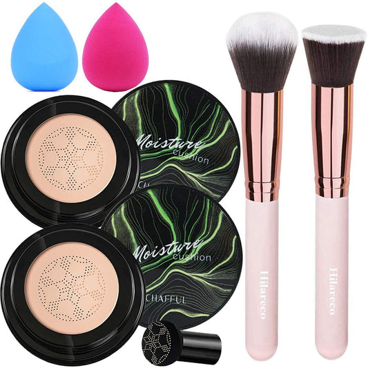 2 PCS Mushroom Head Air Cushion CC Cream Nature Foundation,Foundation Brush Powder Brush,Moisturizing Concealer, Bright Makeup Base Long Lasting with Mushroom Makeup Sponge(#03 Warm Nude)