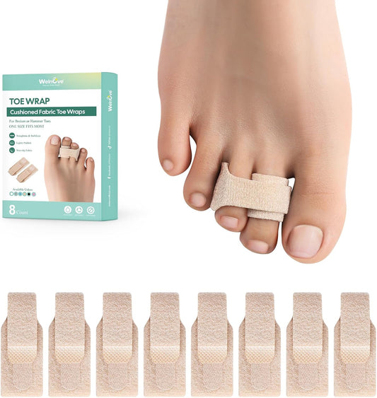 Welnove Hammer Toe Straightener - 8 Pack Broken Toe Wraps - Hammer Toe Corrector for Women - Toe Splints for Crooked Toes, Curled Toes, Bent Toes - (Large, Beige)