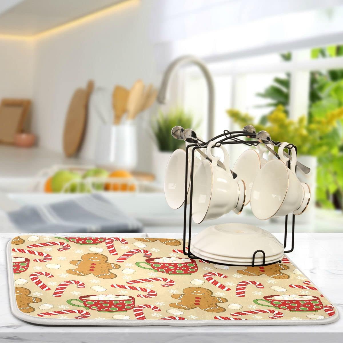 Christmas Gingerbread Man Candy Cane Dish Drying Mat for Kitchen Winter Snow Snowflake Snowman Xmas Microfiber Drying Mats Absorbent Reversible Dish Pad Medium Dish Draining Mat 16x18 inch