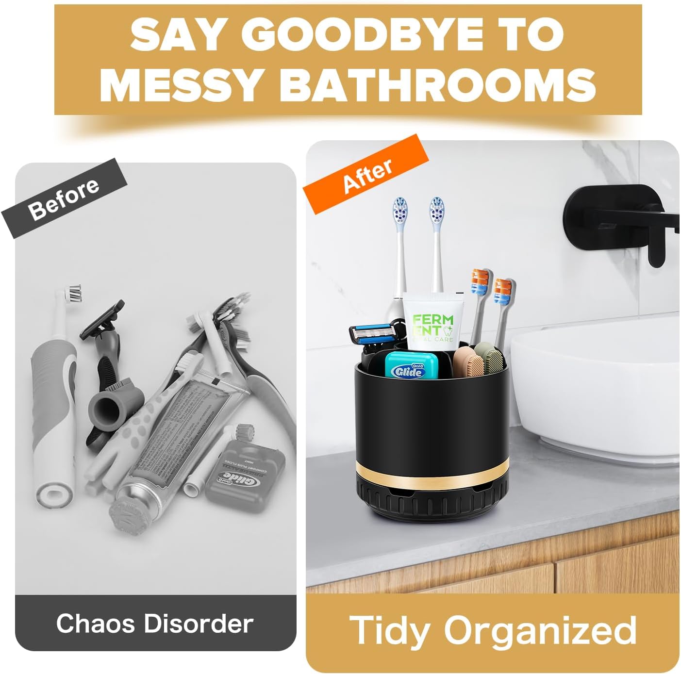 Bathroom Organizer Countertop - Rotating Black Toothbrush Holder for Bathroom Accessories Organization Detachable 6 Slots Bathroom Sink Storage Caddy Vanity Organizer