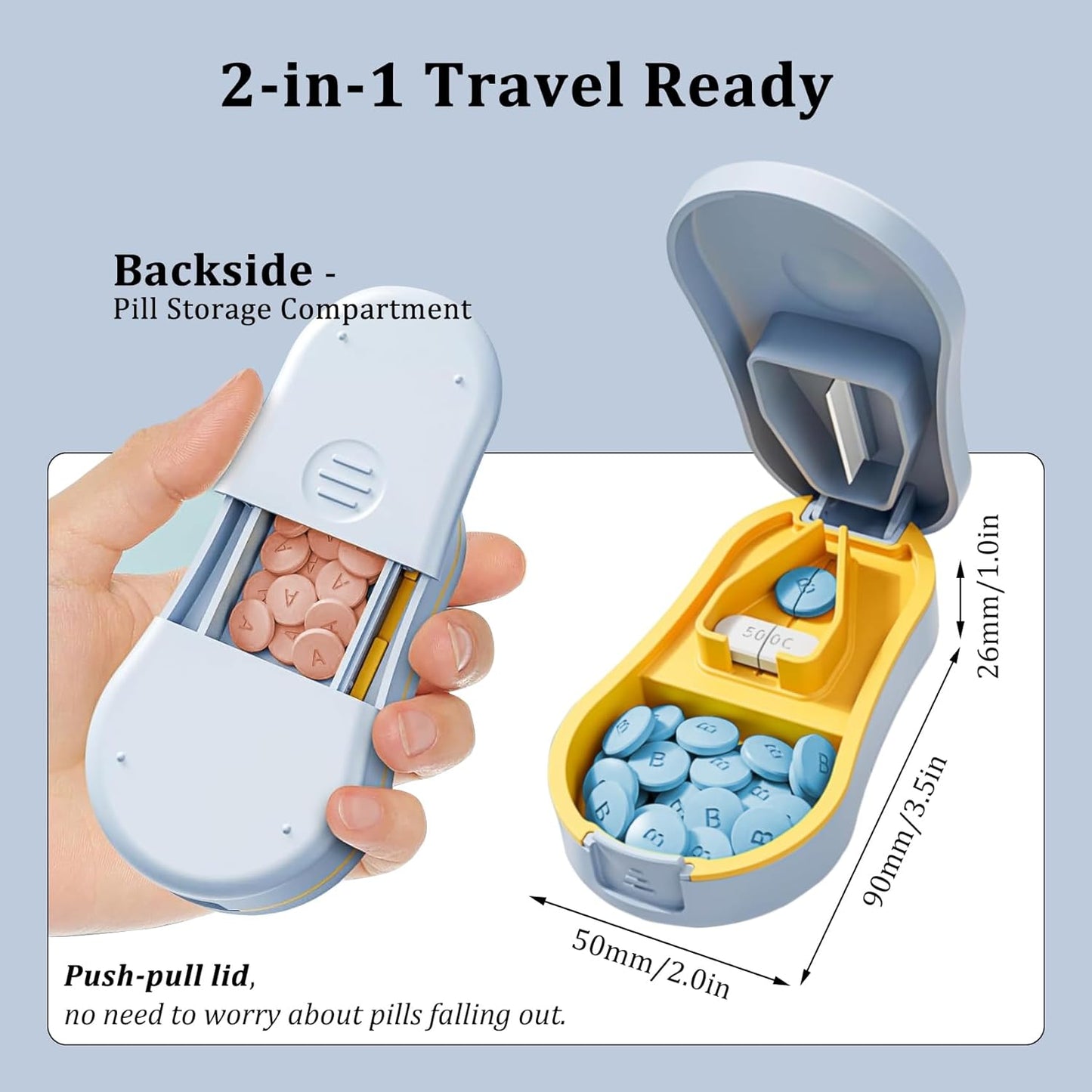 Pill Cutter Splitter for Small and Tiny Pills - Professional Pill Cutter for Small or Large Pills | Wrap-Around Blade Guard | Detachable Nonslip V-Shaped Pad | Easy Open | Back Storage, Cyan (Blue)