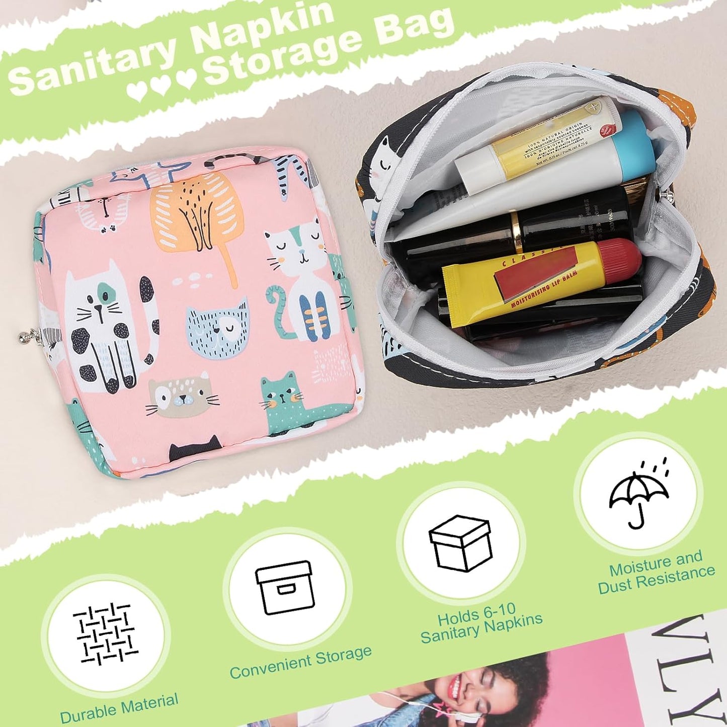 Desing Wish Sanitary Pad Storage Bag Portable Period Bag for Teen Pads/Sanitary Napkins/Small Tampons, Sanitary Napkin Storage Bag First Period Gifts for Teen Girls (Stacked Butterfly)