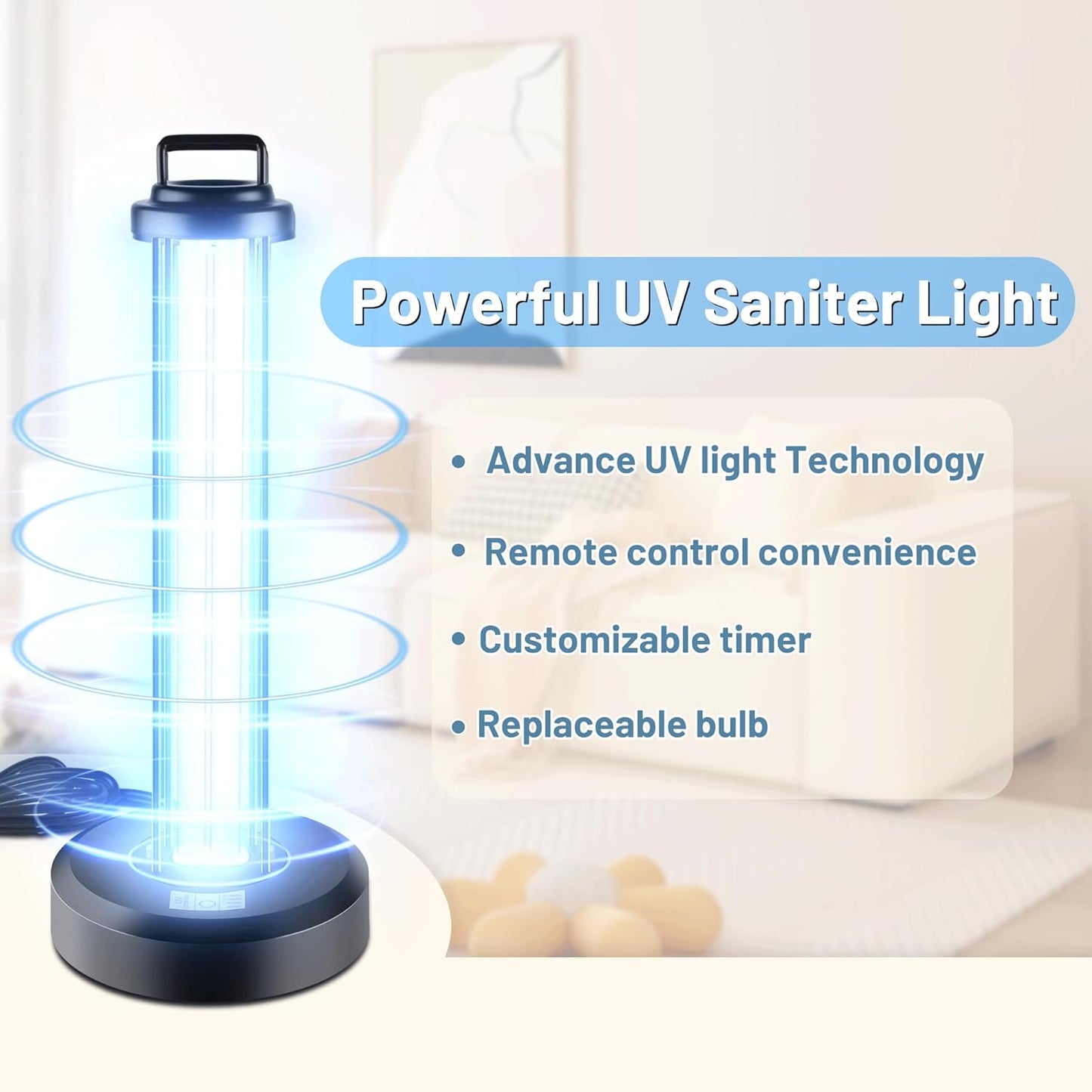 38W UV Sanitizer Light, Portable Ultraviolet Light with 3-Gear Timer and Remote Control, 110V, 99.99% UVC O-Zone Lamp for Home, Office, Hotel, School