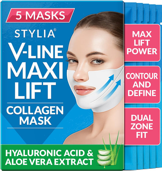 Stylia MaxiLift V-Line Lifting Collagen Face Mask – Enhanced Double Chin Reducer – Jawline Shaper Face Lifting Masks – Firming Neck Lift Collagen Mask – Chin Strap for Sleeping – Hyaluronic Aloe 5PC
