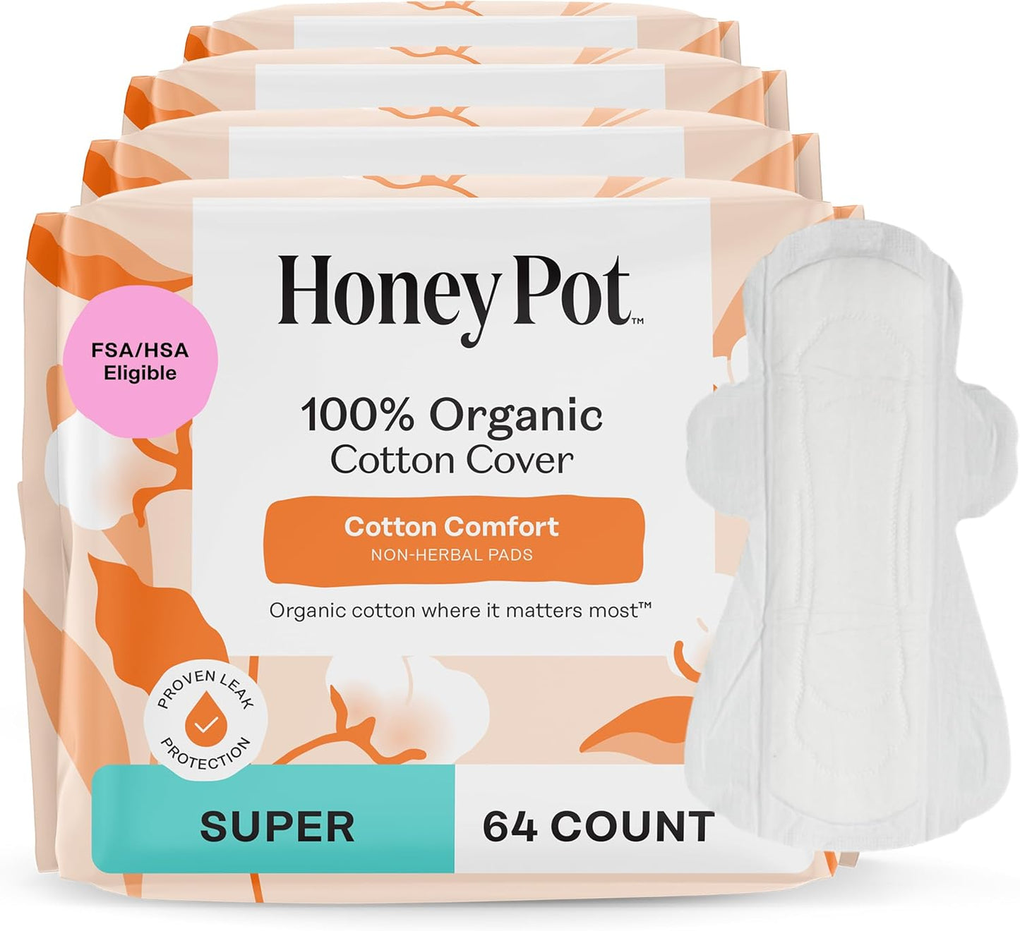 The Honey Pot Company - 64ct - Sanitary Pads for Women - Non-Herbal Super w/Wings - Organic - Cotton Cover, & Ultra-Absorbent Pulp Core - Feminine Care