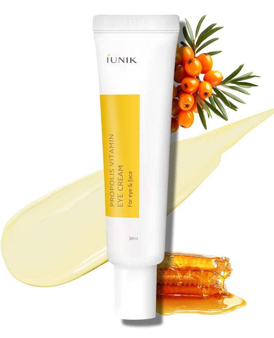IUNIK Propolis Vitamin C Face & Eye Cream with Vegetable Oil, Idebenone 1.01 Fl Oz Dullness Dark Circles Puffiness Smooths Under Eyes 24 Hour Hydration For Sensitive Oily Acne-prone skin VEGAN