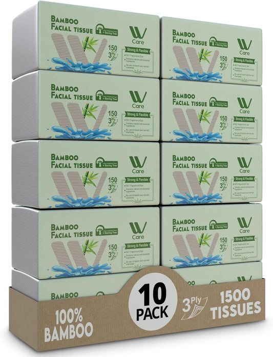 Care Bamboo Facial Tissues, Bulk Box of 10 Packs, 150 Sheets Each, Total 1,500 Sheets, Soft and eco-friendly, perfect for everyday use, great value
