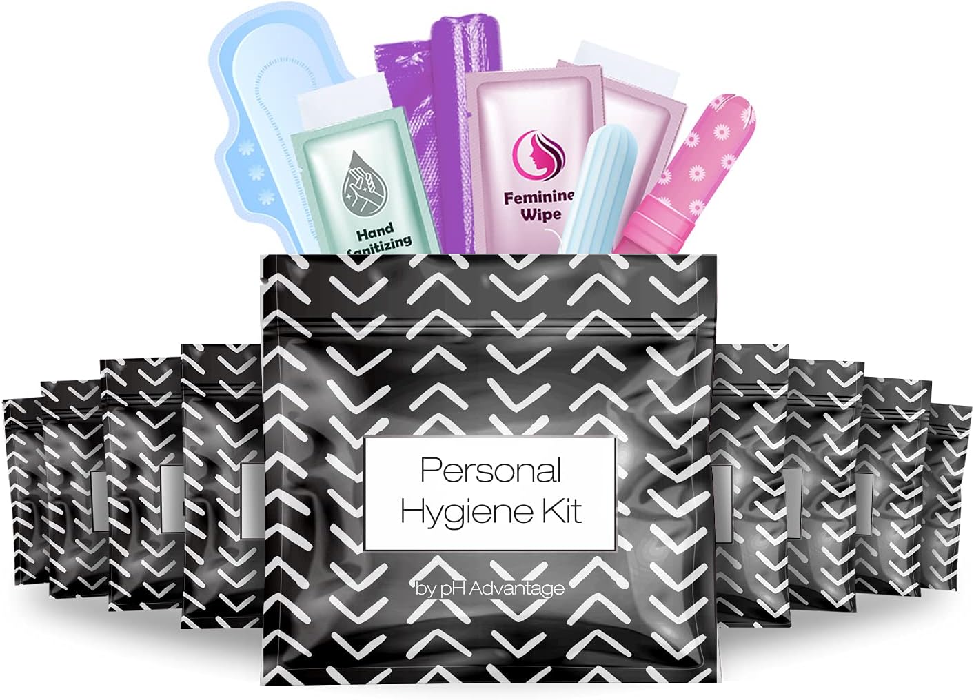 Menstrual Kit All-in-One 10 Pack | Convenience on The Go | Period Kit Pack for Travelling, Tweens & Teenager | Individually Wrapped Feminine Hygiene Product (Black Treads)