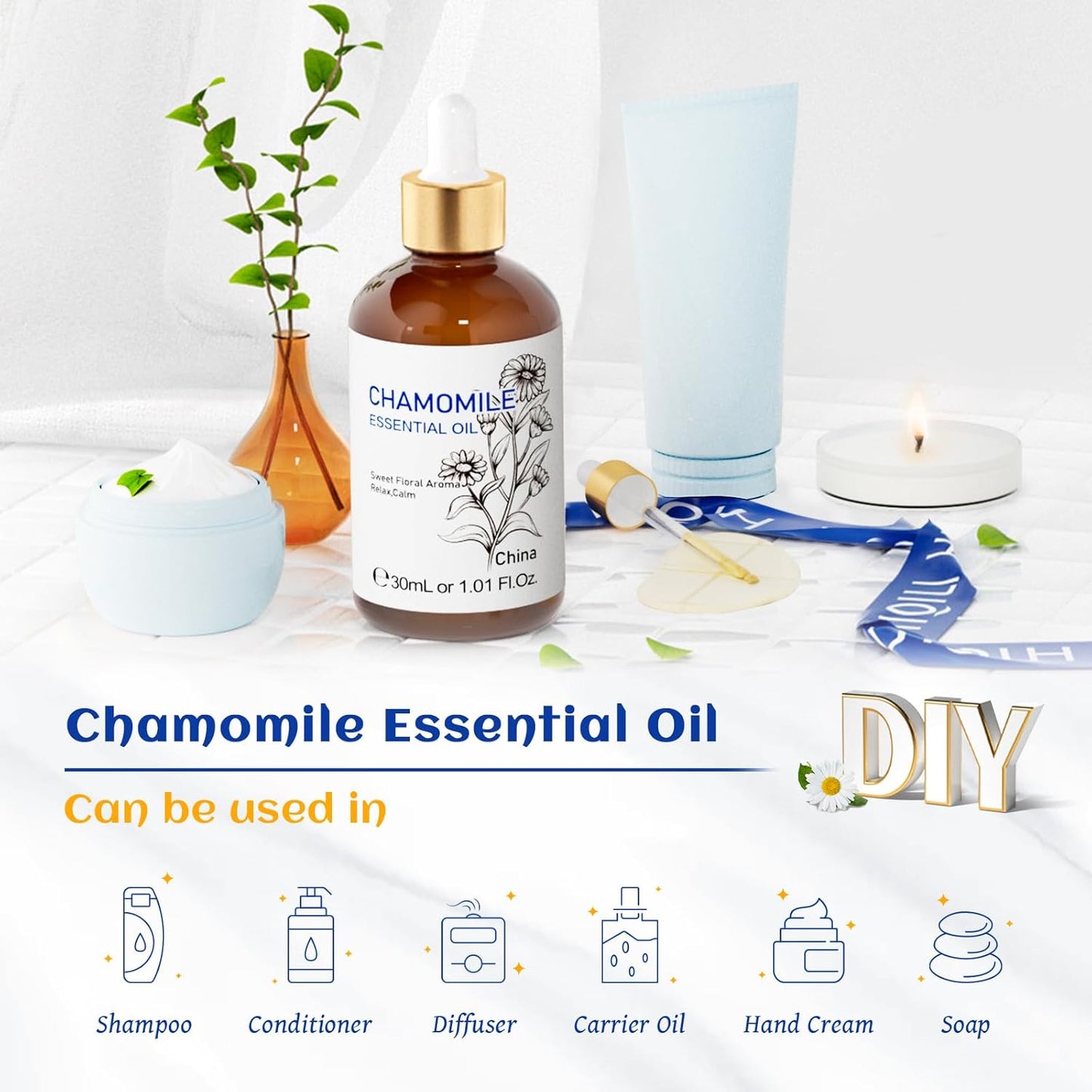 HIQILI 30ML Chamomile Essential Oil, Pure & Natural Chamomile Oil for Diffueser, Skin, Soap, Shampoo - 1.01 Fl Oz