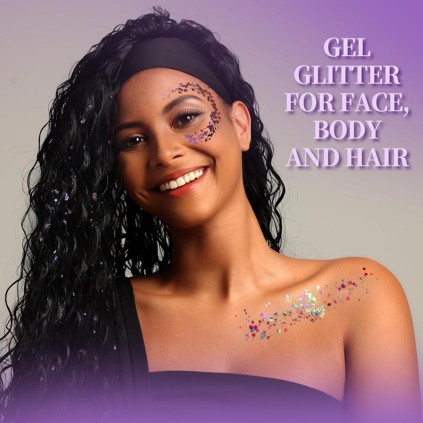 Teenitor Body Glitter Gel - Purple Face & Body Glitter Set, 6 Shapes, Hair Glitter Gel, Makeup Glitters for Face, Body, Hair