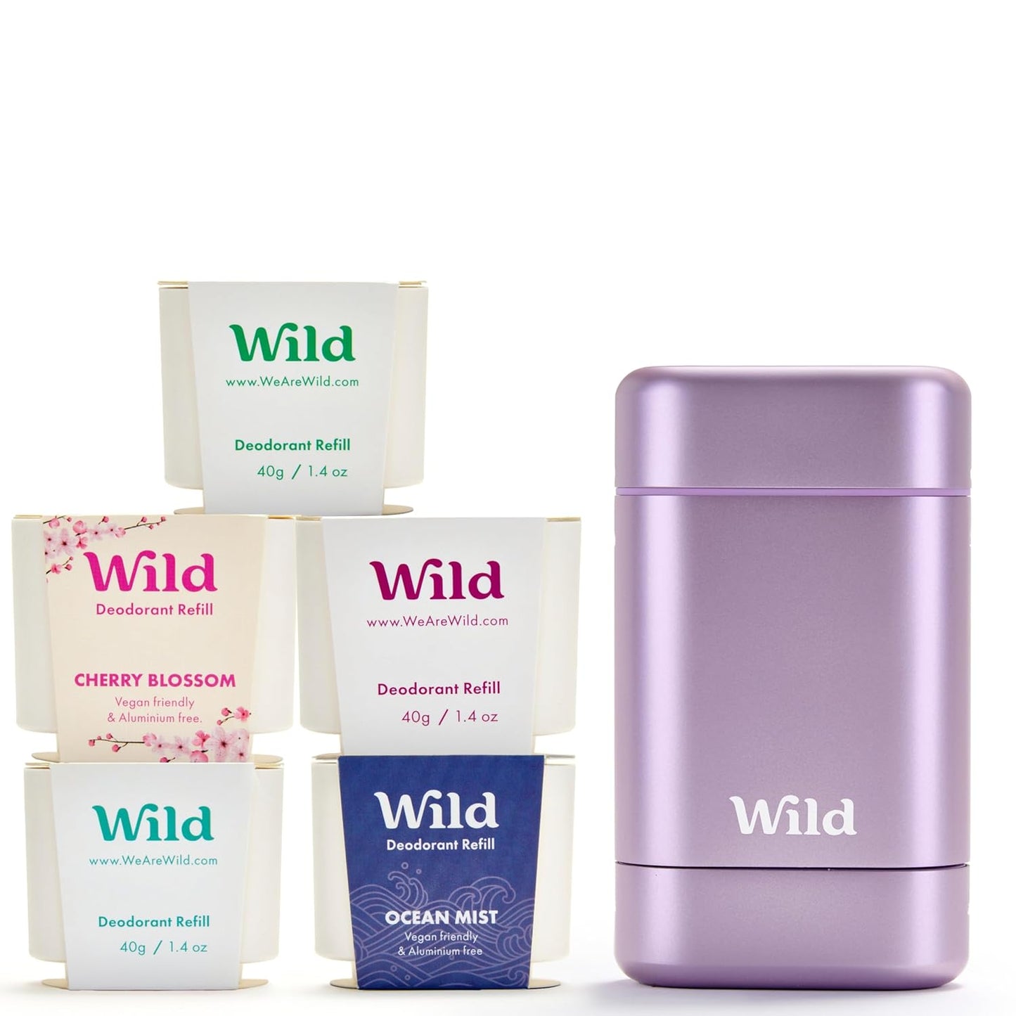 Wild - The Full Monty Starter Kit - Purple Case with Refills in a Variety of Fresh Scents 5 x 1.4oz - Refillable Deodorant & Aluminum Free - Long Lasting Protection - Vegan