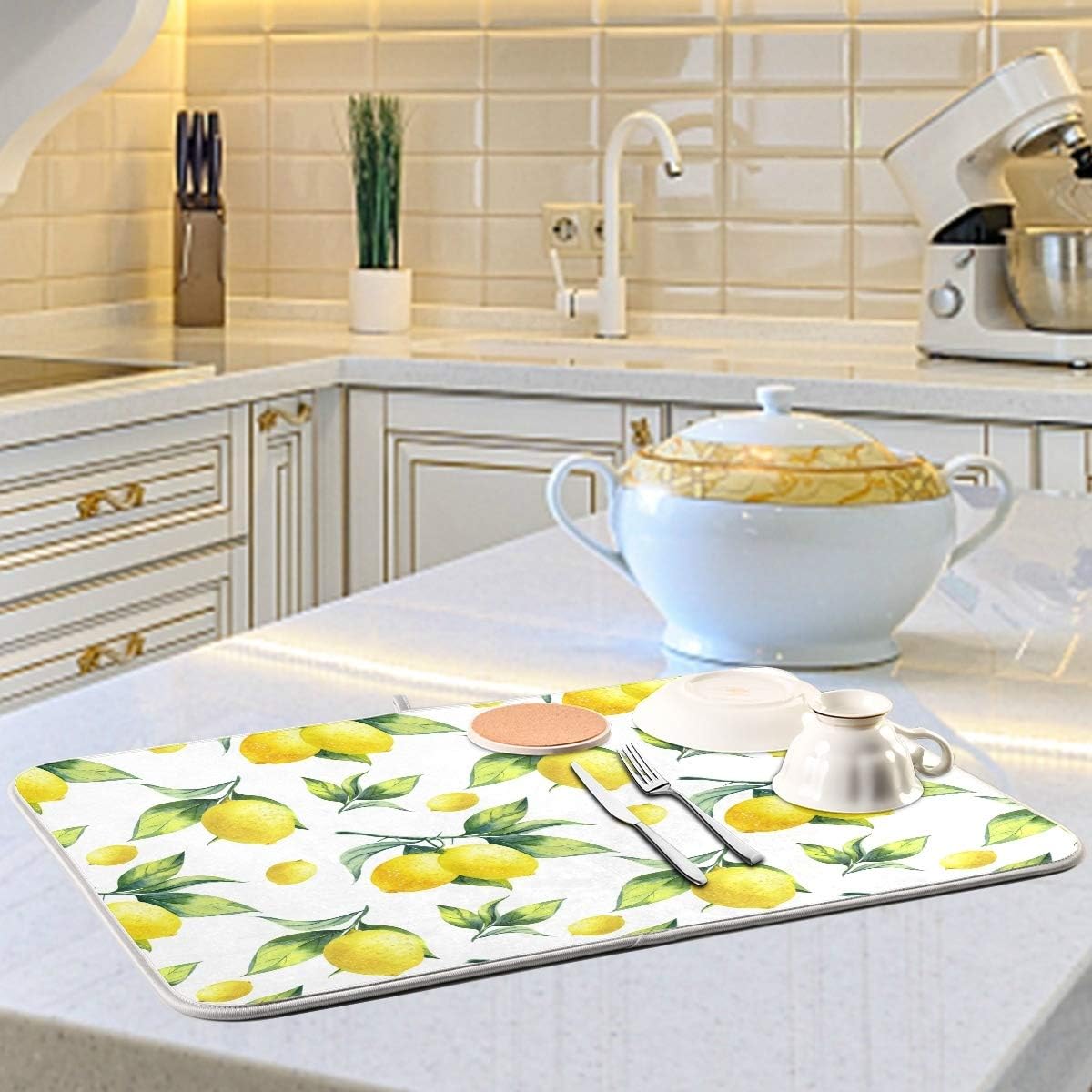 Tropical Lemon Leaves Dish Drying Mat 16x18 for Kitchen Lemon Yellow Lime Tree Dishes Pad Dish Drainer Rack Mats Absorbent Fast Dry Kitchen Accessories