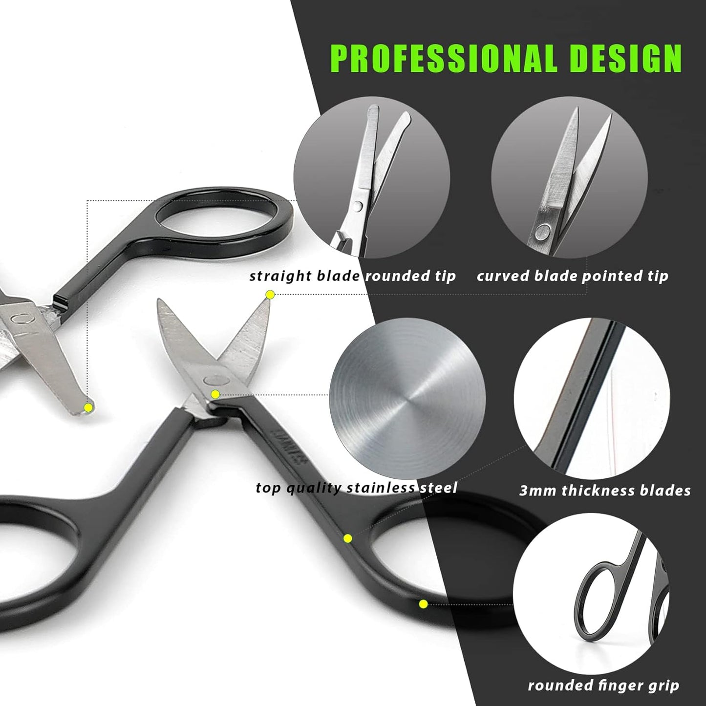 Facial Hair Small Grooming Scissors For Men Women - Eyebrow, Nose Hair, Mustache, Beard, Eyelashes, Ear Trimming Kit - Curved and Rounded Safety Tip Clippers For Hair Cutting- 2PCS Black