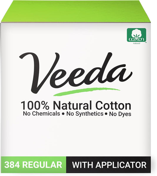 Veeda 100% Natural Cotton Tampons for Women Regular - Regular Tampons for Women with Leak Proof Protection - Compact BPA-Free Applicator - Unscented & Non Toxic, Chlorine & Chemical Free - 384 Count