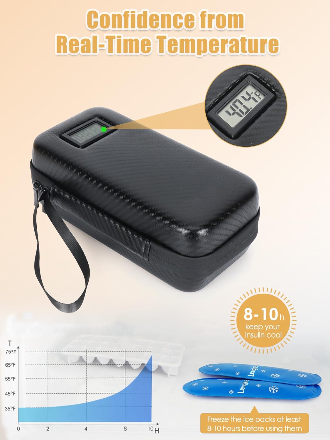 Insulin Cooler Travel Case TSA Approved, Insulin Travel Case Temperature Display, Portable Insulin Pen Cooler Travel Case for Insulin Ice Pack, Travel Diabetic Supplies (Black)