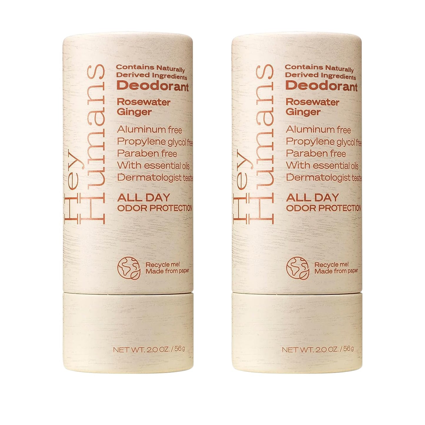 Hey Humans Deodorant, Aluminum Free Deodorant for Women and Men, Contains Naturally Derived Ingredients, All Day Odor Control, Refreshing Essential Oils, Pack of 2, Rosewater Ginger