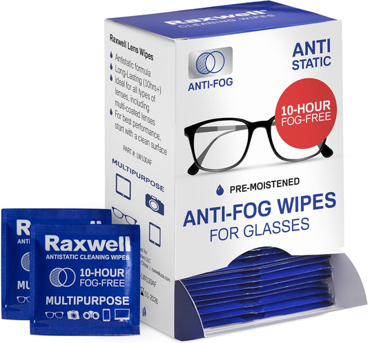 Raxwell Anti Fog Lens Wipes for Eyeglasses - 100 Count Unscented Individually Wrapped Sachets - Glasses Cleaner & Screen Wipes Safe on Coated Lenses - Streak-Free