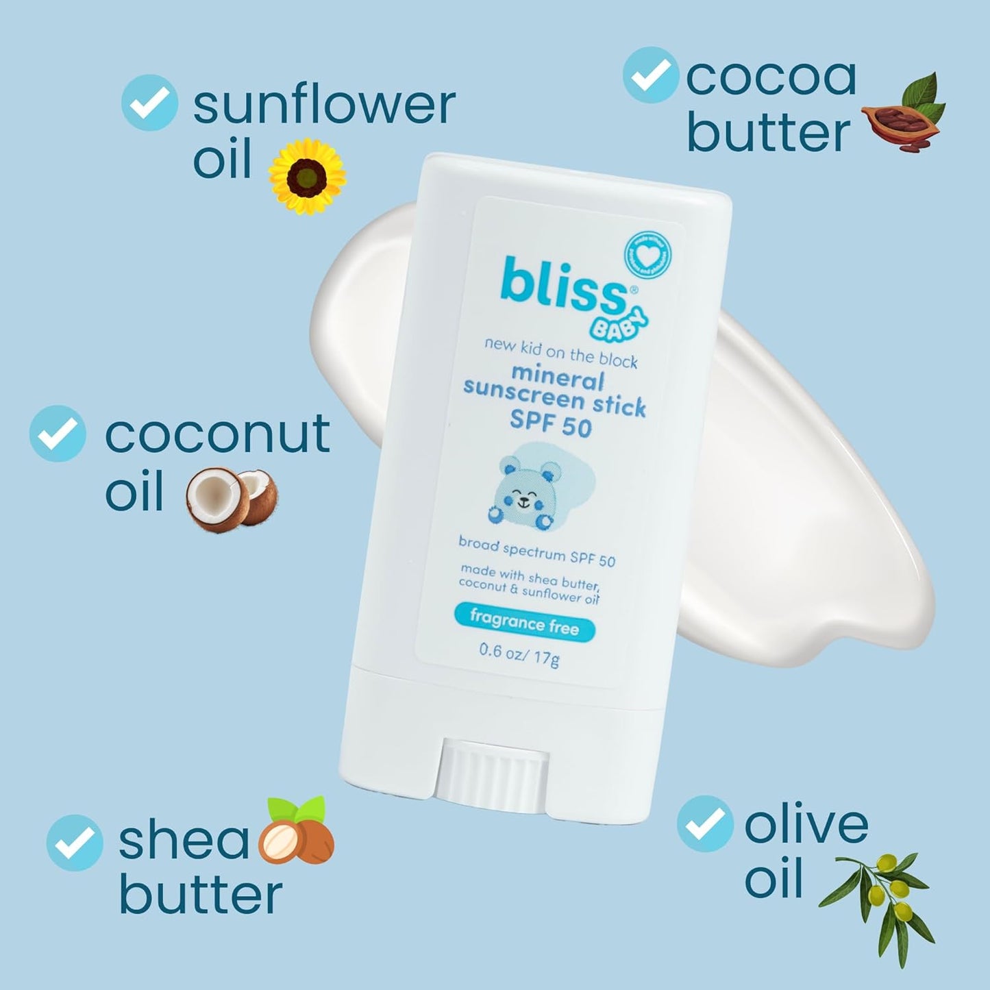 Bliss Baby Mineral Face Sunscreen Stick, SPF 50, Natural Zinc Oxide, Unscented, Hypoallergenic & Dermat Tested, Water-Resistant, Vegan, Sensitive Skin - For Toddlers, Babies, Kids & Whole Family