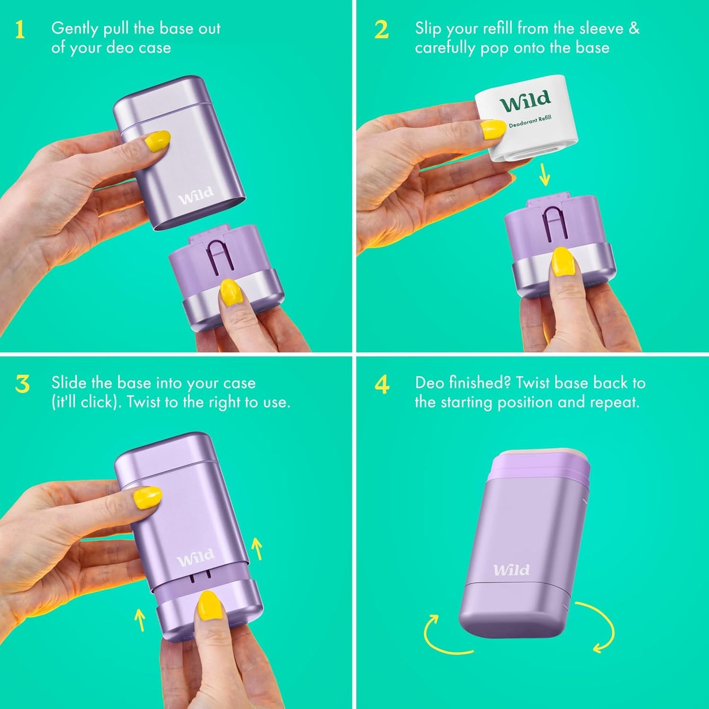 Wild - The Full Monty Starter Kit - Purple Case with Refills in a Variety of Fresh Scents 5 x 1.4oz - Refillable Deodorant & Aluminum Free - Long Lasting Protection - Vegan