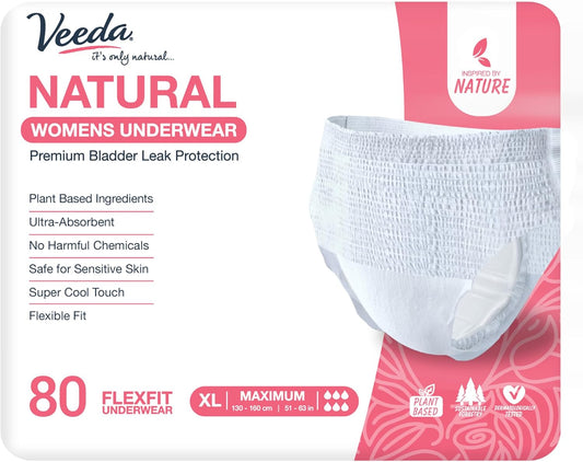 Veeda Natural Adult Incontinence Underwear for Women - Postpartum Underwear for Bladder Leakage Protection - Disposable Underwear with Maximum Absorbency - X-Large Size - 80 Count