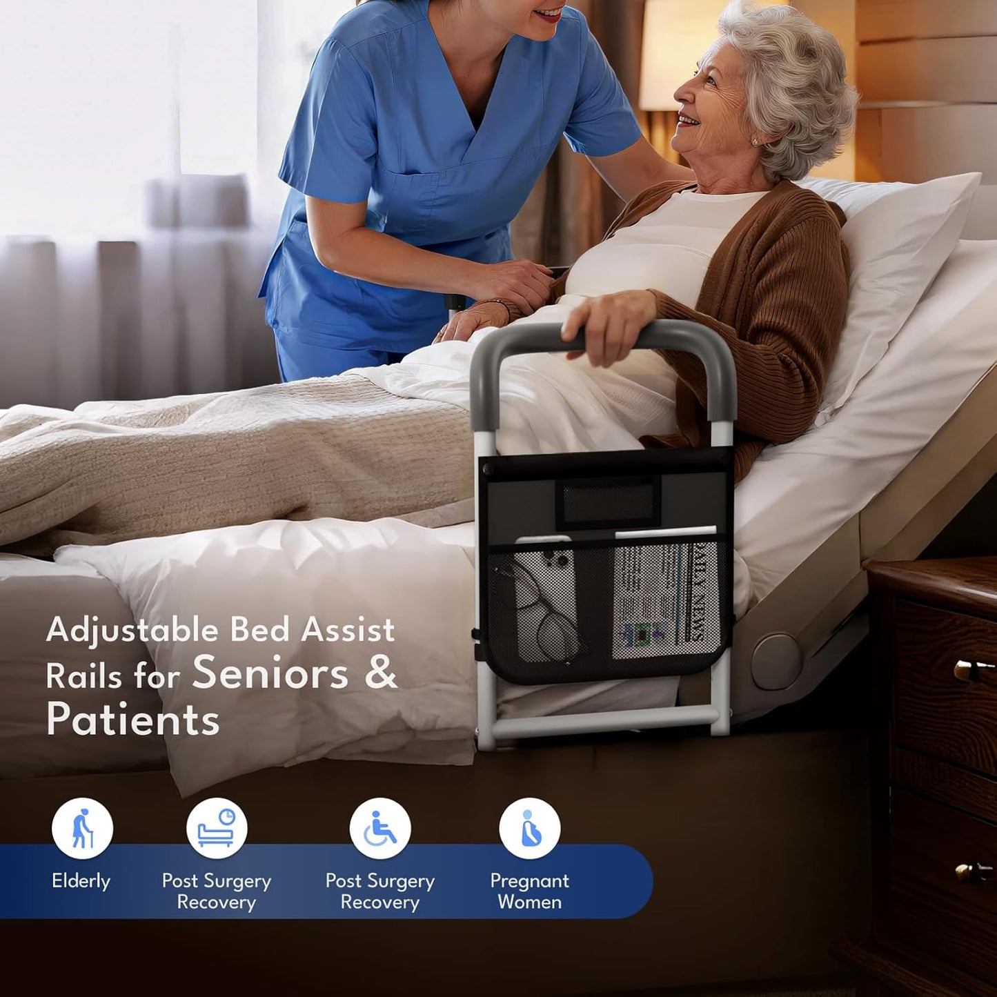 HOMEAL Bed Rails for Elderly Adults Safety, Adjustable Bed Assist Rail with Motion Light, 350lbs Heavy Duty Bedside Safety Cane with Storage Pocket & Fixing Strap, Fit Standard & Adjustable Bed (Grey)