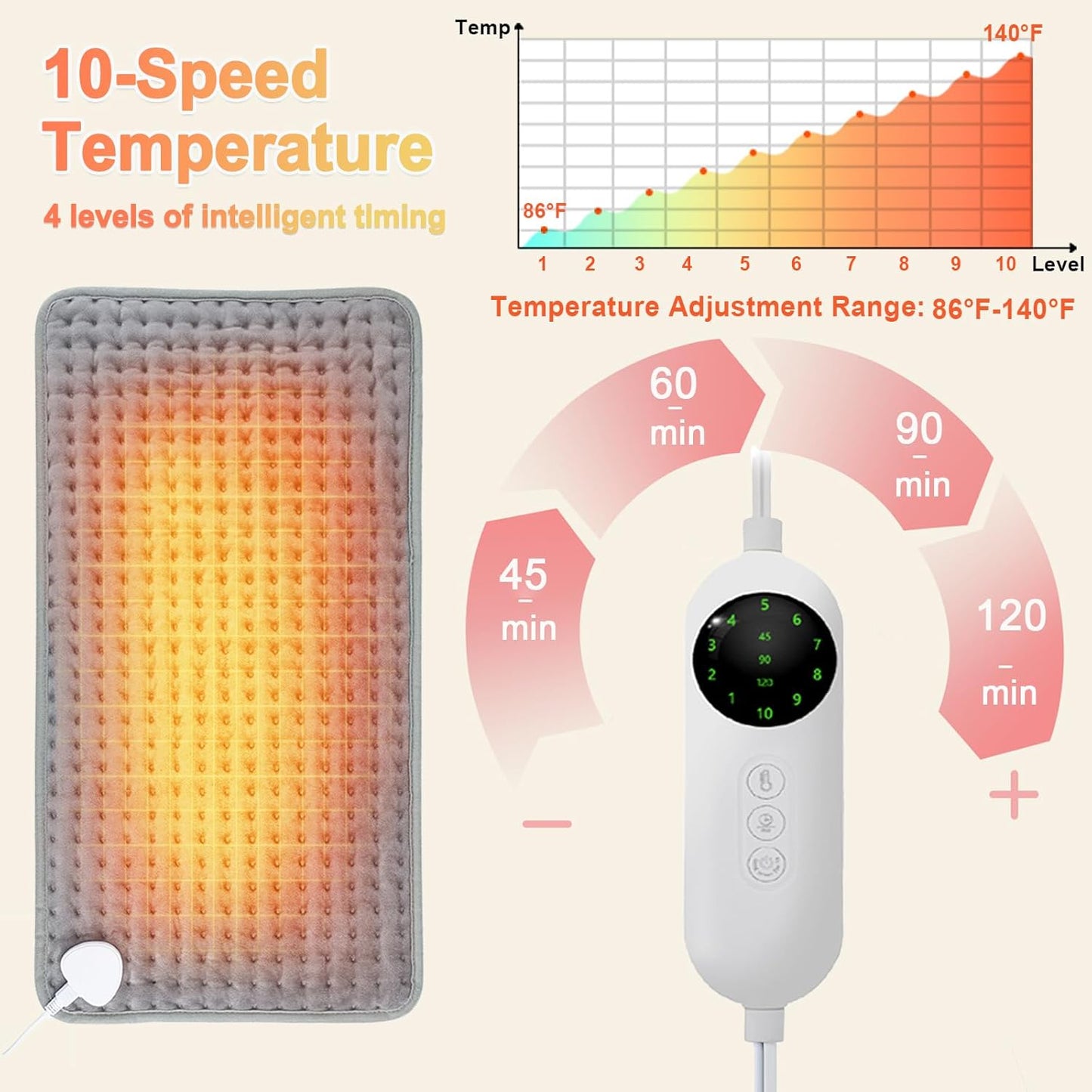 Heating Pad, Electric Heating Pad 24"X12" for Back Neck Shoulder Belly Heating Technology, Ultra-Soft Moist & Dry Therapy Heat Pad with 10 Temperature Settings 3 Timer, Automatic Switch-Off, Grey