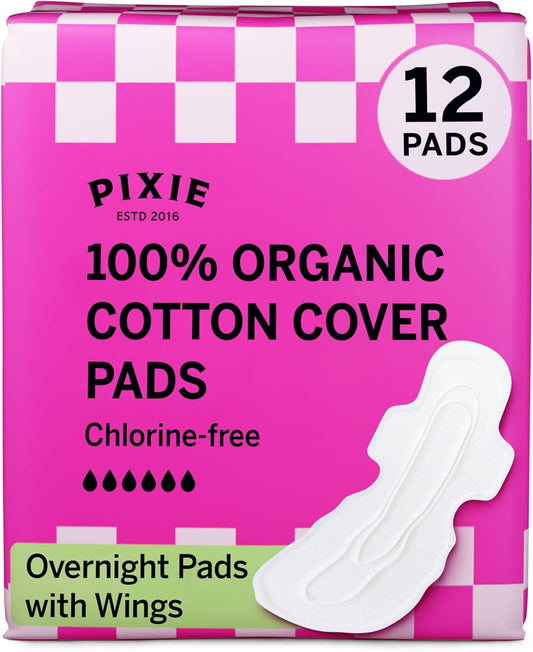 Pixie Organic Cotton Overnight Pads for Women - Extra Heavy Absorbency with Wings - Leak-Proof, Hypoallergenic & Unscented - Compostable, Biodegradable - 12 Count