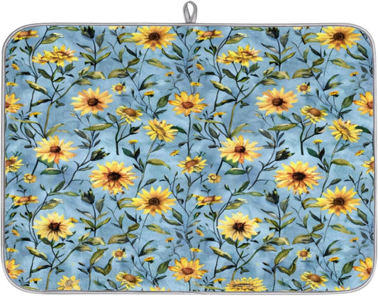Hexteria Sunflower Dish Drying Mats for Kitchen Counter, Quick Dry Dish Mat 16 x 18 Inches, Dishes Draining Mats Foldable Dish Rack Pad, Sunflower