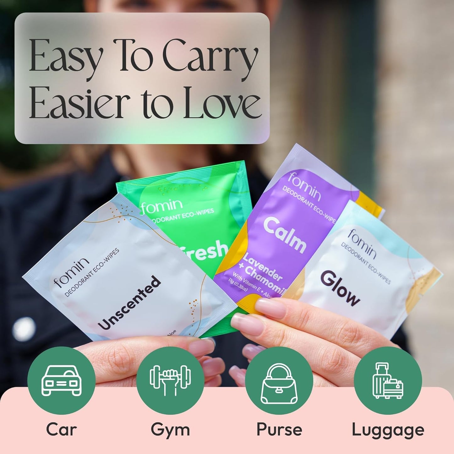 FOMIN Acidified Travel Deodorant Wipes For Women & Men - 100 Count - Variety Pack - pH Balanced, Mini Deodorant Travel Size Wipe - Plastic-Free, Individually Wrapped Underarm Body Wipes